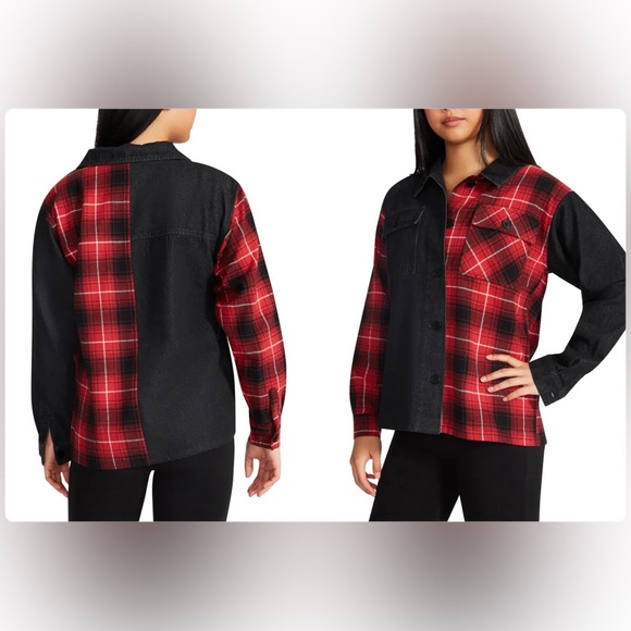 STEVE MADDEN GRUNGE RED AND BLACK BUTTON DOWN SHIRT JACKET DENIM/FLANNEL MIX PL… - Picture 5 of 12